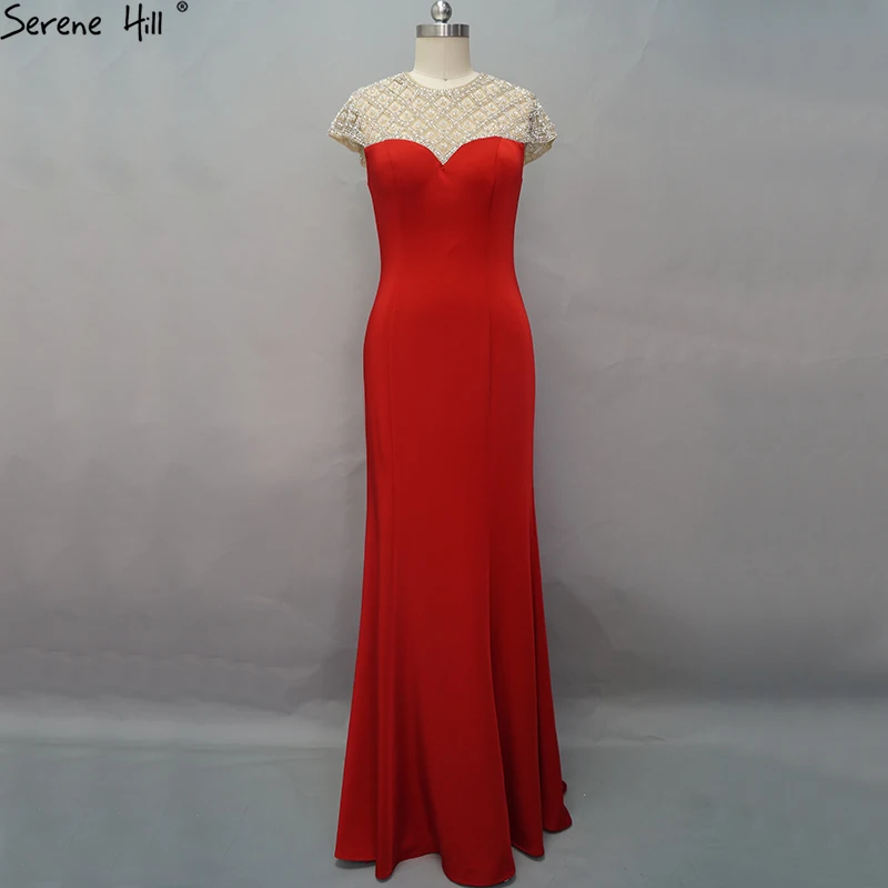 

Dubai Red Sleeveless Diamond Beading Evening Dresses Design 2019 Real Photo Mermaid Sexy Satin Evening Gowns LA60738