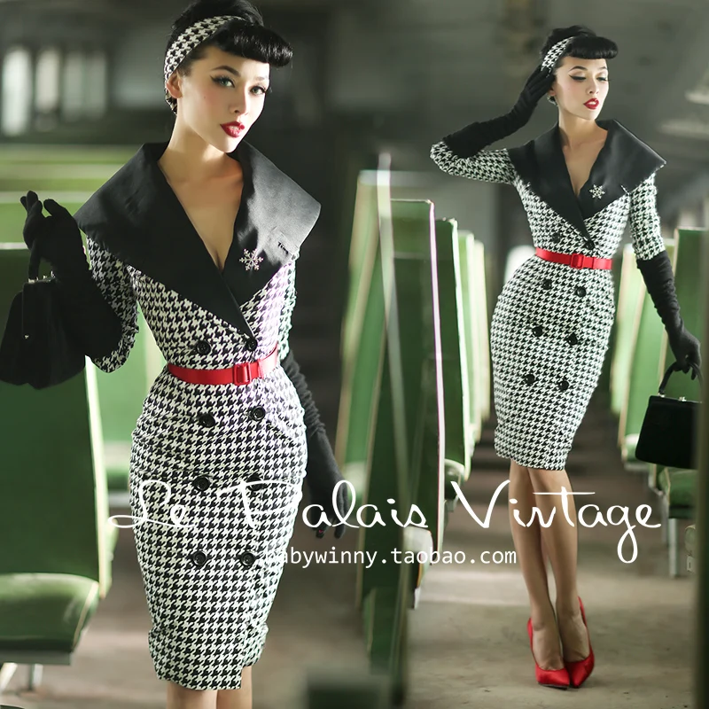 

40- women vintage summer houndstooth long sleeve wiggle pencil dress in black plus size vestidos pinup mujer elegant dresses