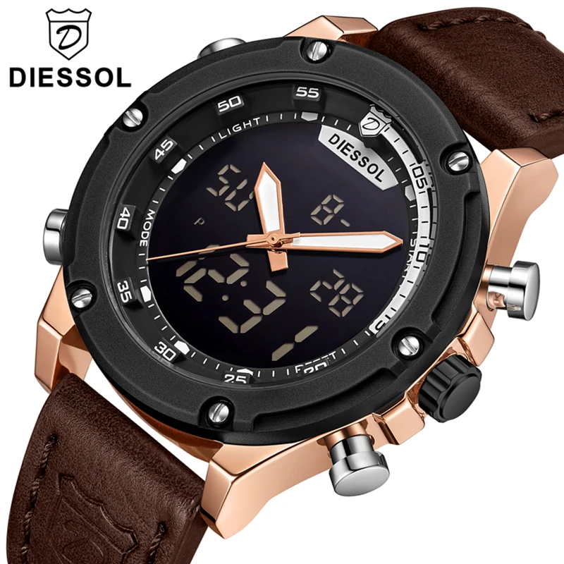

DIESSOL Brand Watch Men Sport Analog Quartz Clock Leather Waterproof Military Casual LED Digital Watches Mens Relogio Masculino