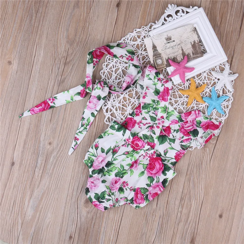 2 قطع الوليد الرضع طفل بنات الوردي الزهور رومبير أكمام بذلة + عقال 2018 صيف جديد جميل طفل زي 0-24 متر