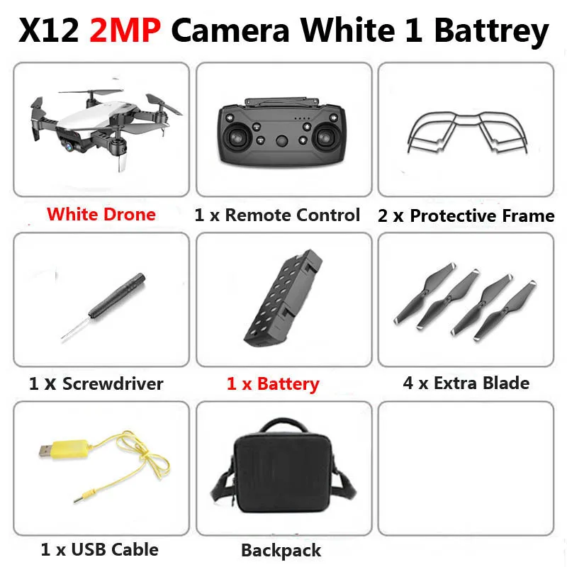 X12 WiFi FPV Mini Foldable Drone Camera 0.3MP 2MP HD Optical Flow Aerial Video Profissional RC Quadcopter Helicopter Toys SG106 - Цвет: 2MP White 1B Bag