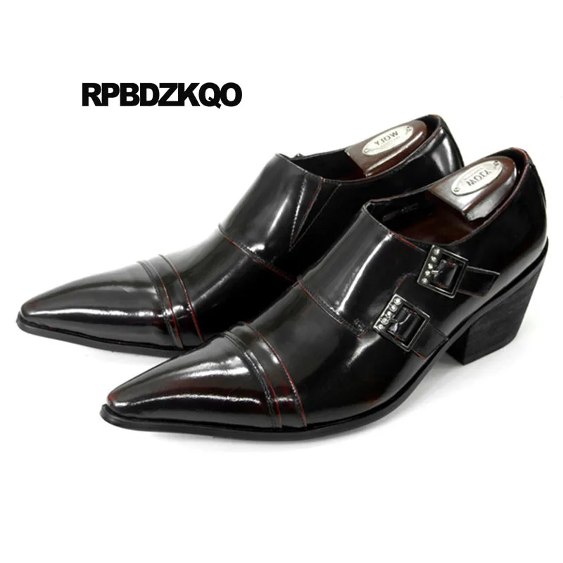 

Pointed Toe High Heel Men Italian Shoes For Wedding Dress Metal New Runway Large Size 46 Brand Burgundy Black Double Monk Strap
