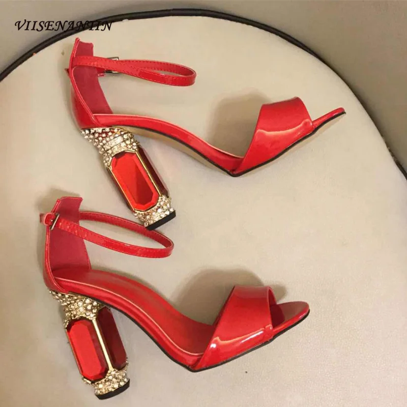 

VIISENANTIN hot sexy red black shiny leather women summer sandal shoe crystal gemstone thick heel ankle strap sandalias