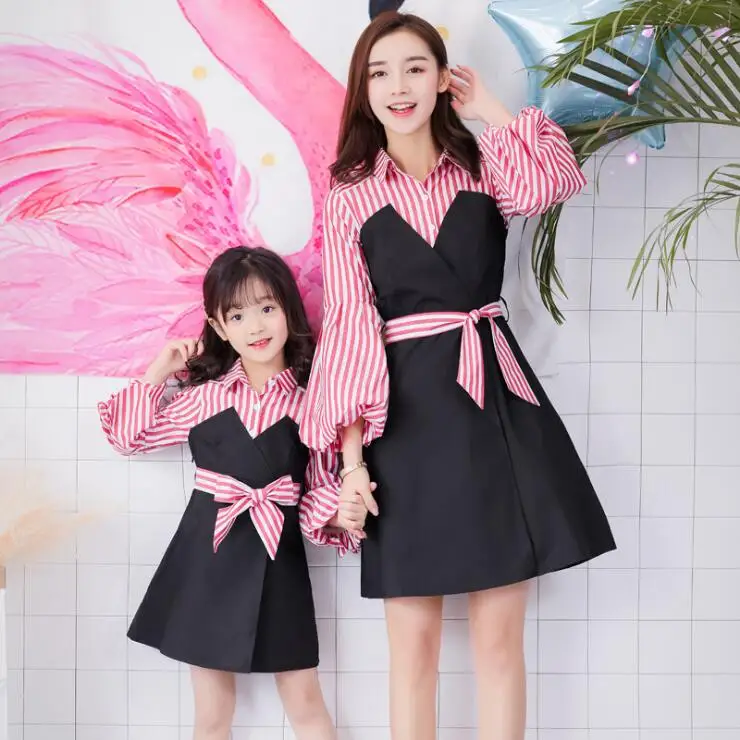 WNLEIGEL mother daughter dresses turn down collar striped bow patchwork fake two dress mommy and daughter matching clothes