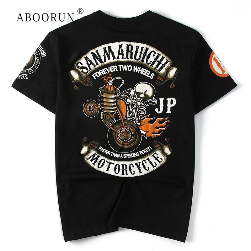 

ABOORUN Men's Fashion T Shirts Skull Motorcycle Printed T-Shirts Summer Cotton Top Tees for Male R505
