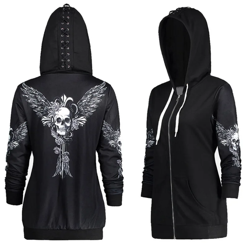 Tanie Jesień Punk kobiety skrzydła czaszki druku Halloween bluza z kapturem z długim rękawem wiosna bluza płaszcz fajne bluza z kapturem Sudaderas Mujer DG245