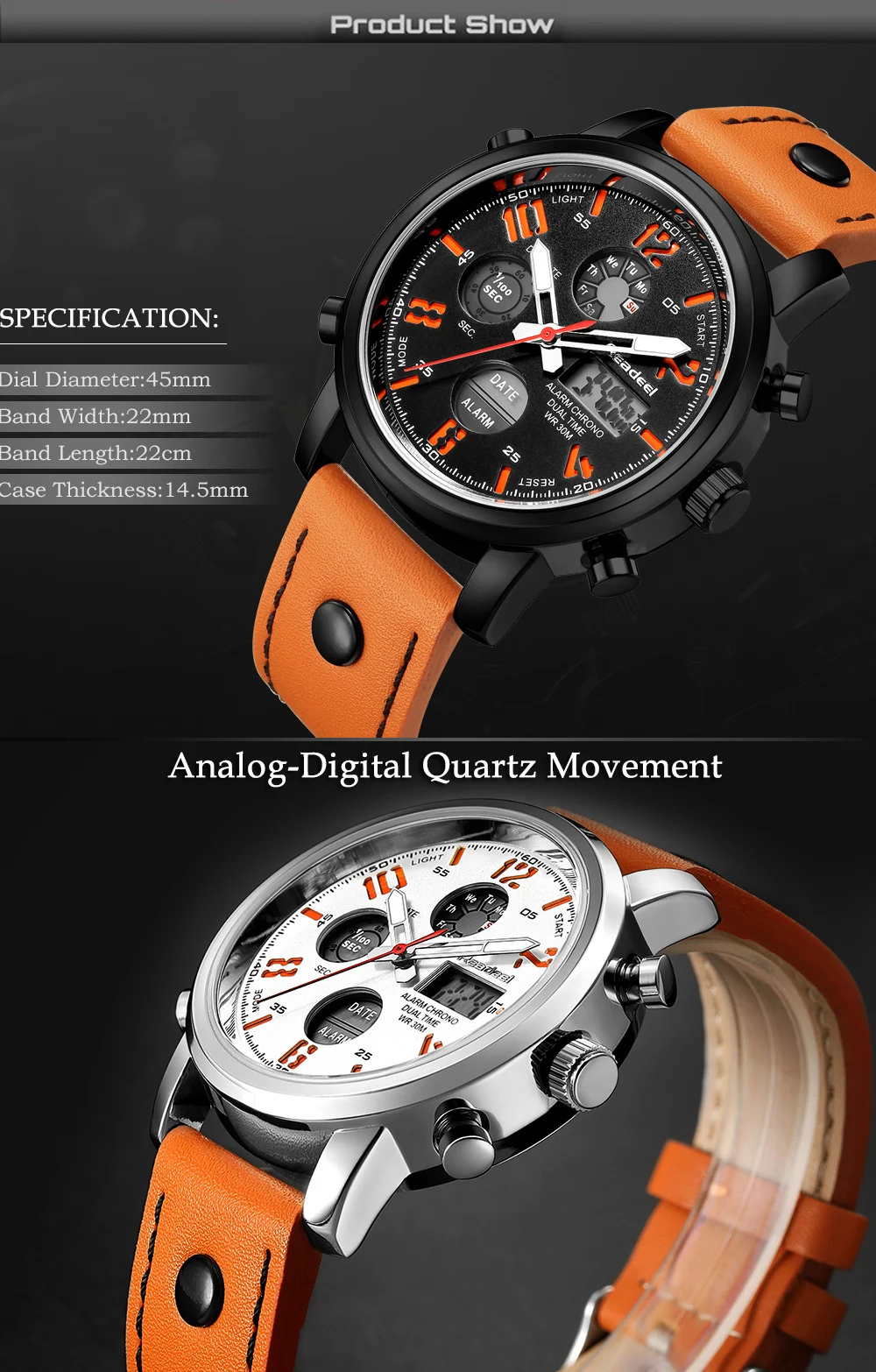 Luxury Brand Quartz Men Sport Watches Dual Display Led Digital Watch Genuine Leather Clock Male Waterproof Man Wristwatches