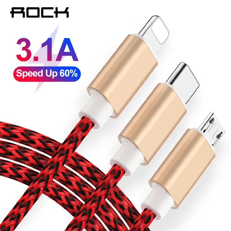 

Hi-Tensile 3 in 1 Charging Cable, ROCK 3A USB Cable For Lighting Micro Type C For iPhone 8 X Xiaomi Samsung S8 Fast Charge 120CM