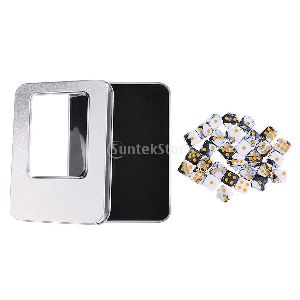 Portable 30 Pieces Acrylic 6-sided Spot Dice D6 with Iron Box Case for Party Bar Casino Supplies DND RPG Table Game Props