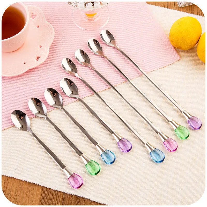 Fashion Long Handle 4PCS Dessert Spoon Stainless Steel Coffee Milk Tea