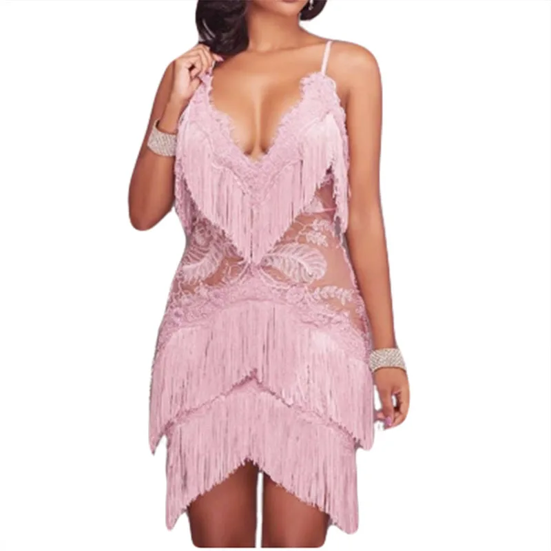 

2019 Autumn New Black White Pink Women Sexy Bandage Dress Spaghetti Strap Tassel Lace Patchwork Celebrity Vestidos Party Dress