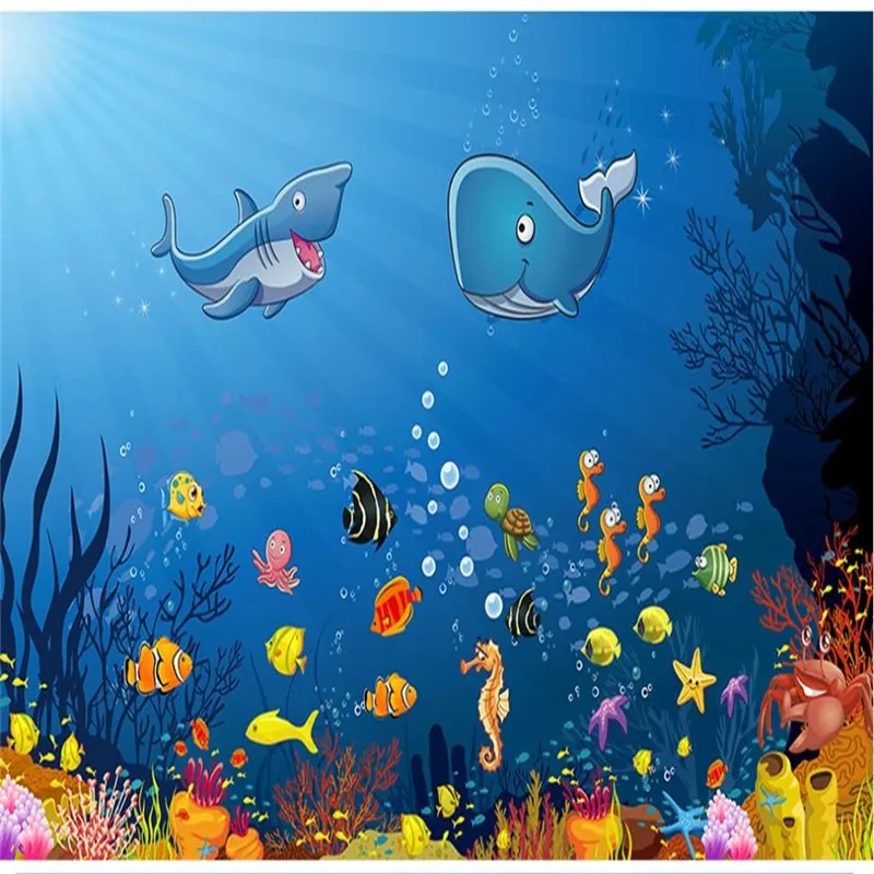 Custom wallpaper hand-painted underwater world children's room background wall decoration waterproof material Custom wallpaper hand-painted underwater world children's room background wall decoration waterproof material