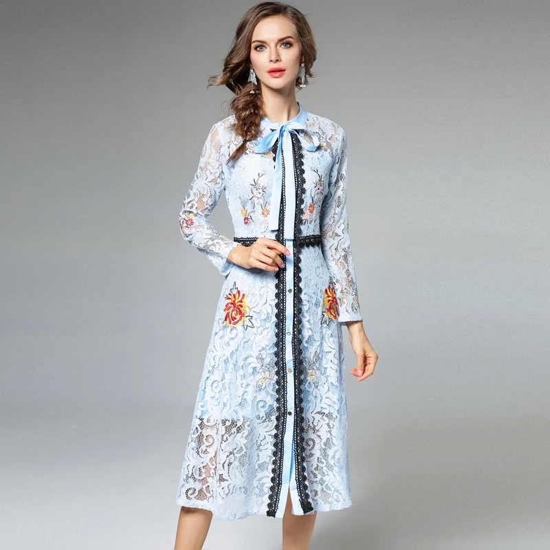 Europe Lace Dress Women Autumn Long Sleeve Elegant Casual Office Vestidos Verano Floral Striped Dress Embroidery Ladies Dresses Dresses