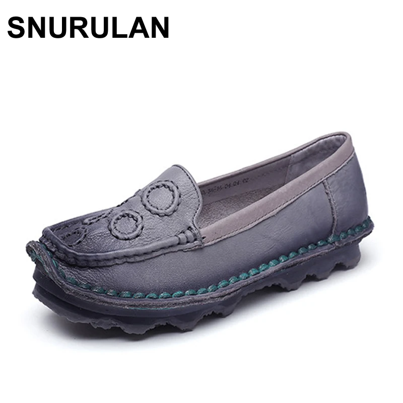 

SNURULAN 2017 Genuine Leather Women Shoe Handmade Round Flats Women Loafers Shoes Plus Size Casual Female Flats Driving Shoes