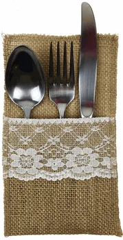 

10pcs/lot 11cm*20cm Rustic Natural Burlap and Lace Utensil Holder Handmade Cutlery Pockets Party Tablescape Theme Event Decors