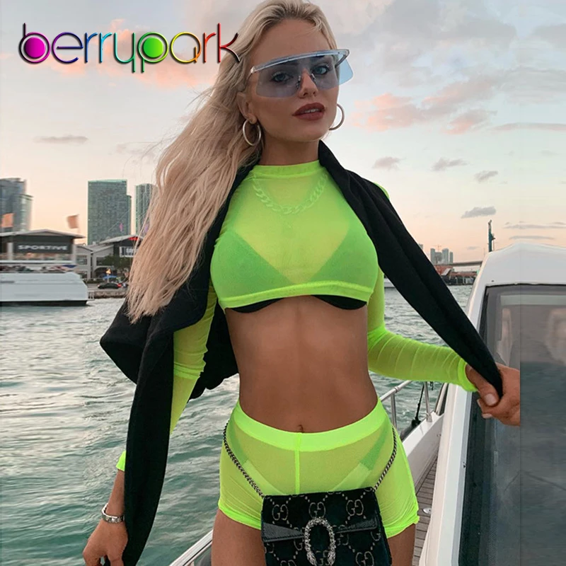 

BerryPark Green Mesh Crop Top + Shorts 2 Piece Outfits for Women Fluorescence Hollow Out Summer Matching Sets Drop Shipping