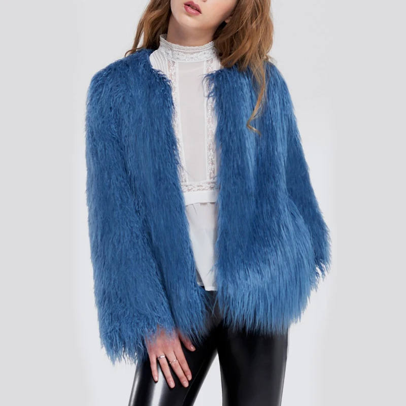 Роскошное синее пальто из искусственного меха монгольской овцы, куртки, лохматое Пышное пальто из искусственного меха для женщин, Весенняя Повседневная модная женская верхняя одежда