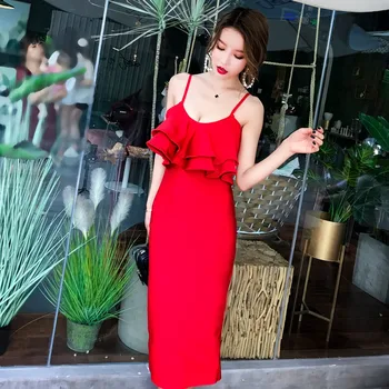 

New Style 2019 Summer Dress Elegant Spaghetti Strap Women Ruffles V-Neck Sleeveless High Quality Dresses Body con Wholesale