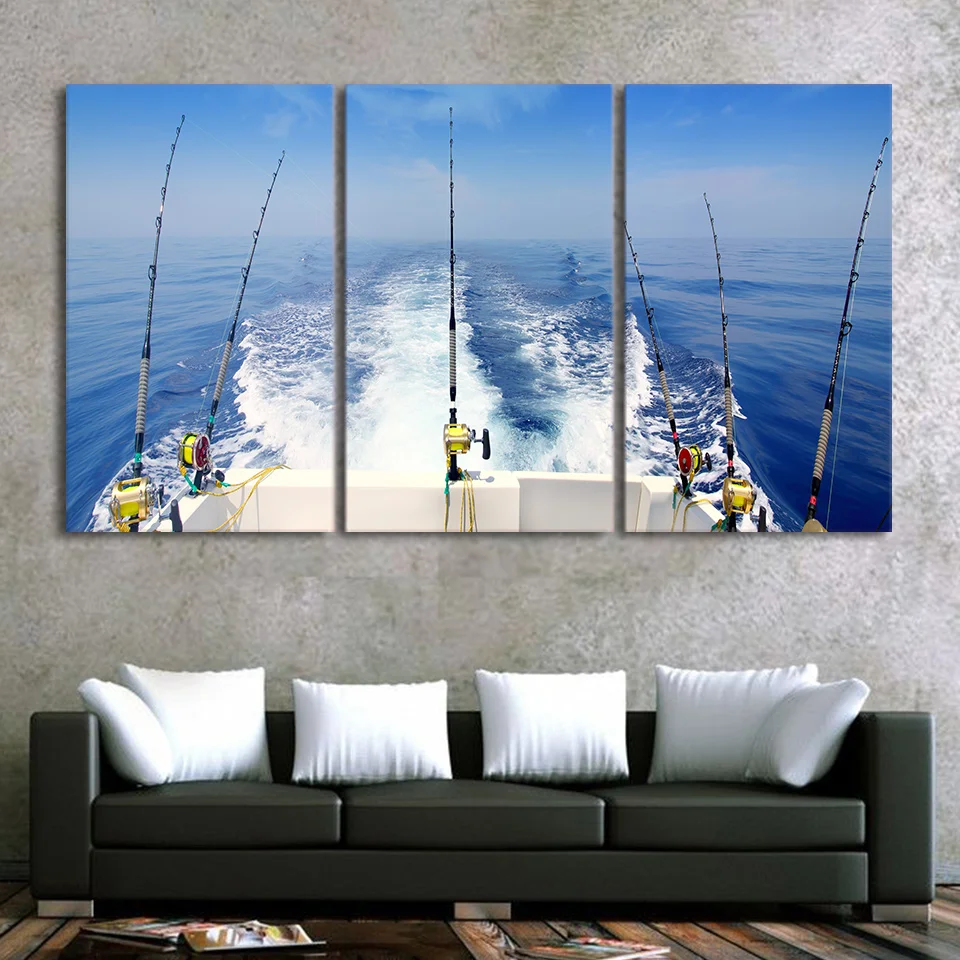 

Modular Canvas 3 piece ocean sea Fishing Rod painting Wall Art Pictures for home 3 Panel fishing pole angling Print canvas