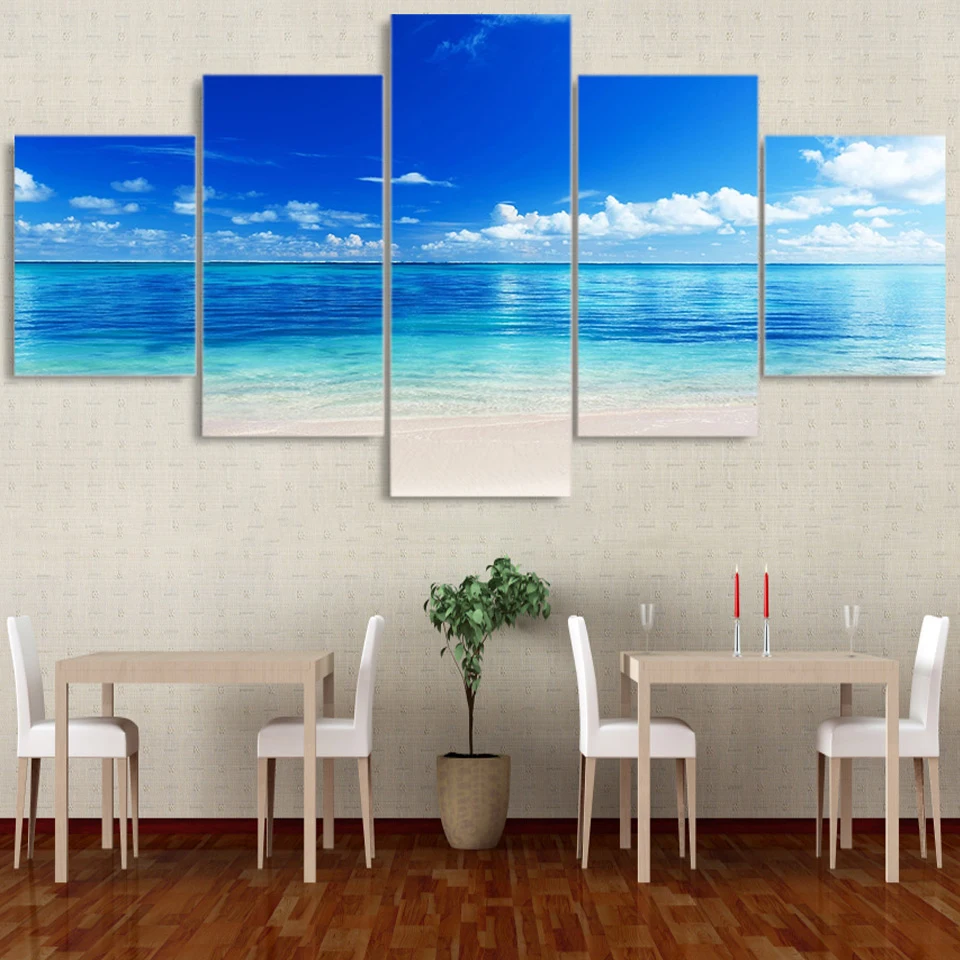 

Home Decor Living Room Wall Art Framed HD Printed 5 Panel Azure Sky Clear Water Seascape Painting Modular Pictures Modern Canvas