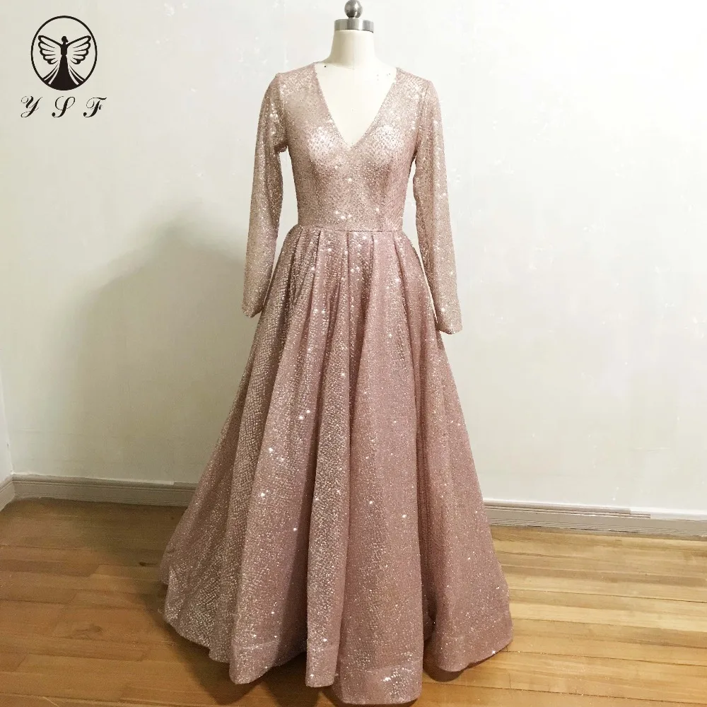 

Best Selling Rose Gold V Neck Glitter Fabric Bling Bling Long Sleeve Pleated Floor Length Prom Dresses 2018