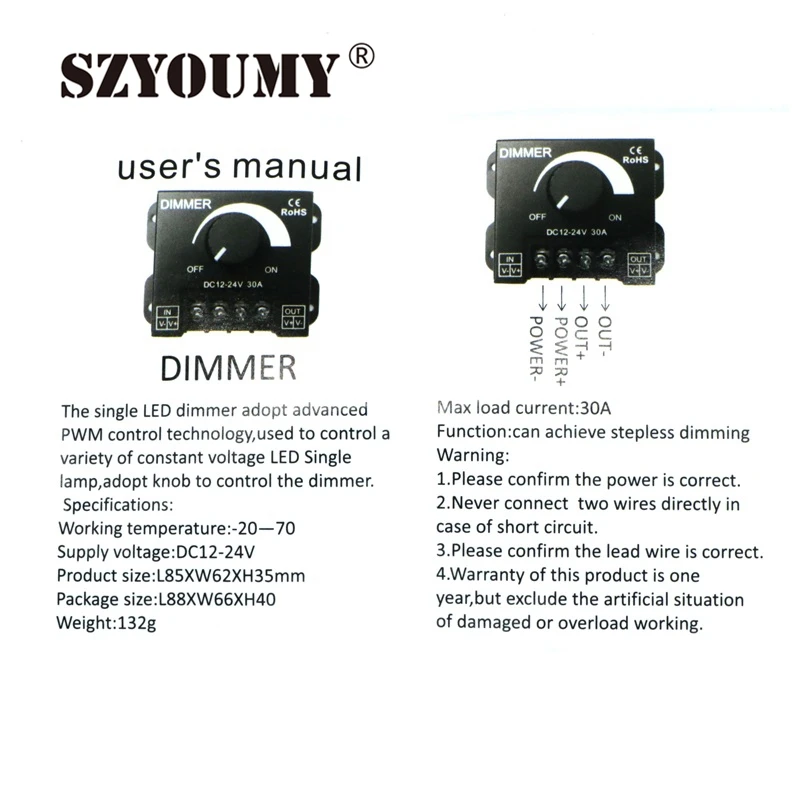 SZYOUMY светодиодный диммер постоянного тока 12 V 24 V 30A 360 W регулятор яркости лампы панель с лампочками драйвер один Цвет свет