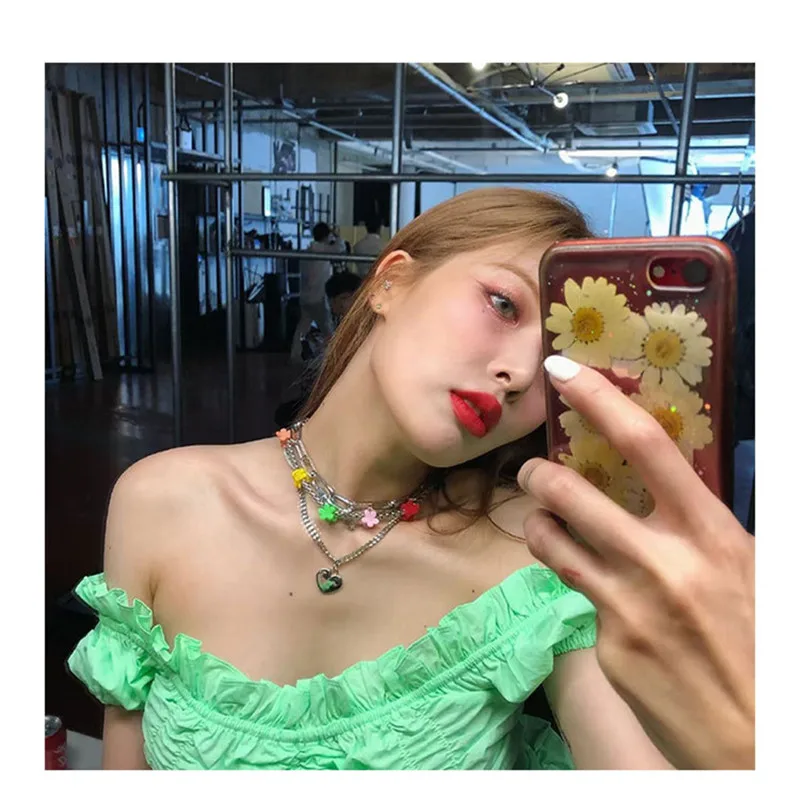 

AOMU Colorful Flower Hairclip Necklace Love Heart Pendant Necklace Multi layered Choker Collar For Women Jewelry