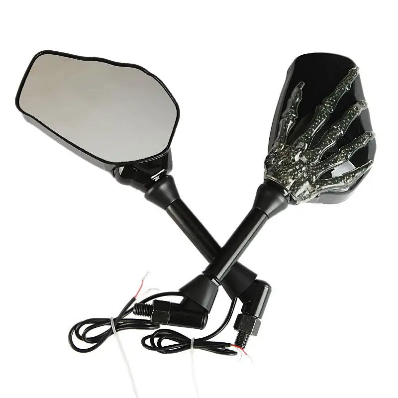 A Pair Skull Hand Motorcycle Side Rearview Mirrors LED Turn Signals For