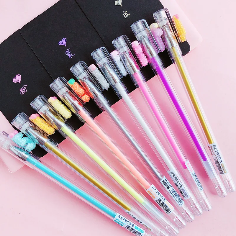 

10pcs Highlight colors gel pen set 9 different Glitter color pens for scrapbooking black album writing Stationery School A6566