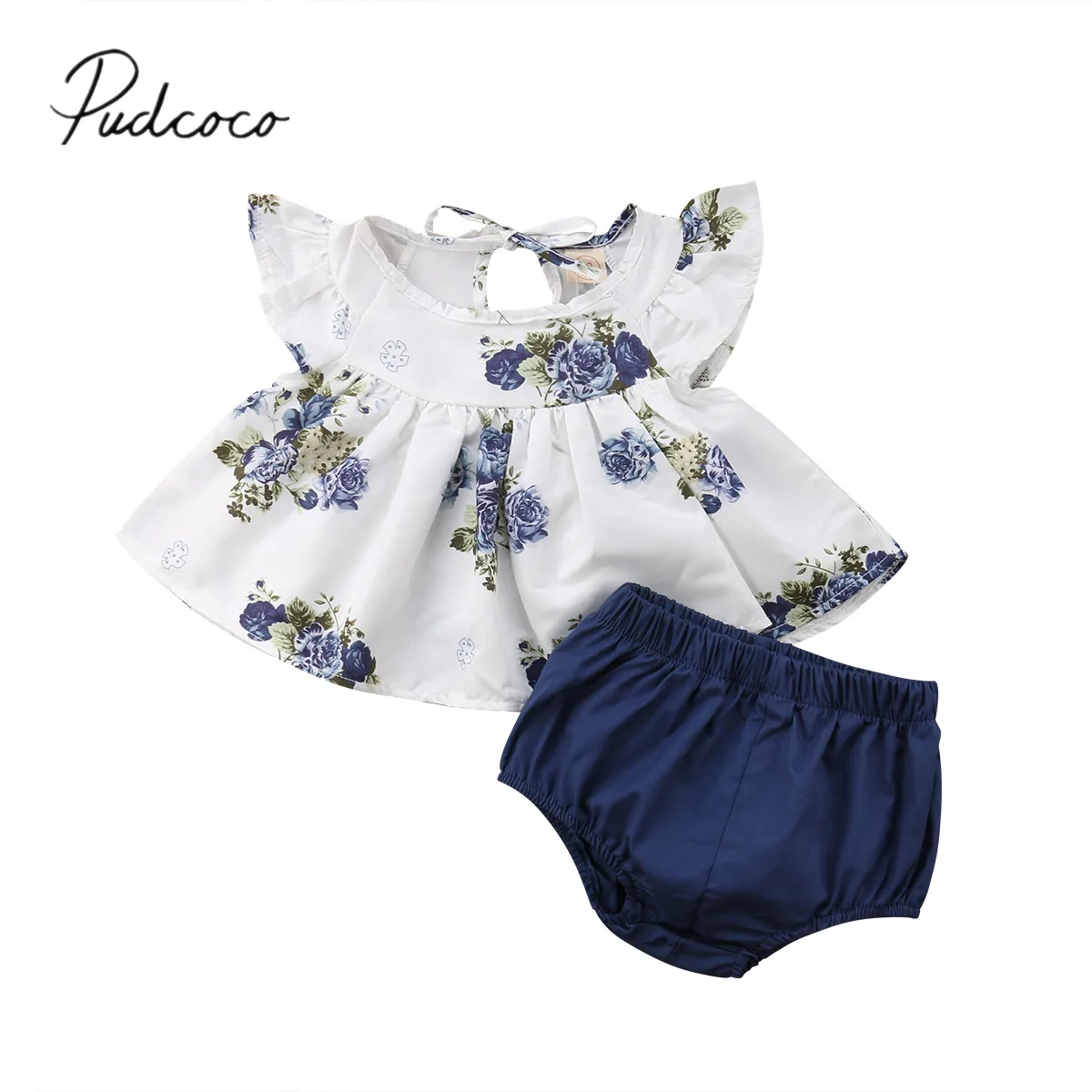 

2018 Brand New Newborn Infant Baby Girl Summer 0-24M Clothes Sets Short Petal Sleeve Floral Print Belt T-Shirts Tops Blue Shorts