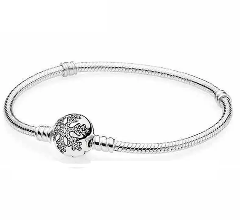 

Authentic 925 Sterling Silver Crystal Snowflake Clap Snake Chain Pandora Bracelet Bangle Fit Women Bead Charm DIY Jewelry
