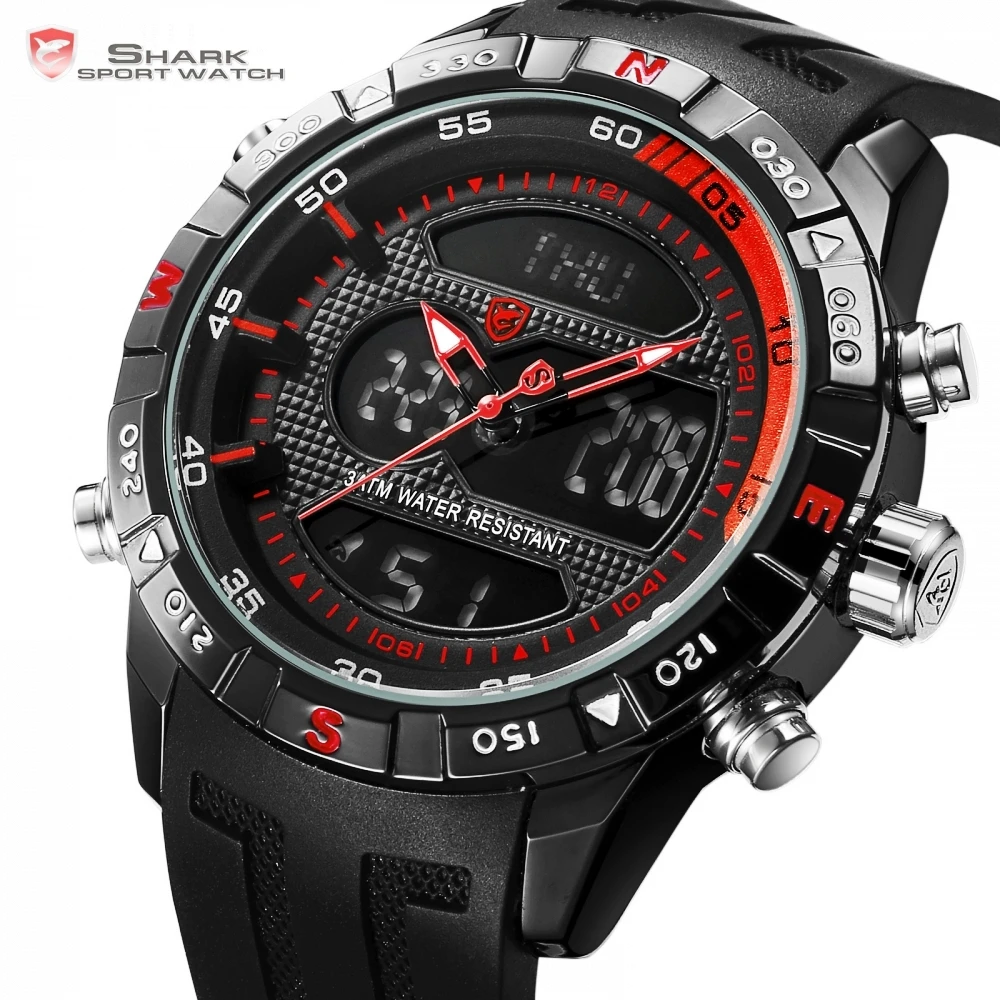 Top Brand SHARK Dual Display Sport Chronograph Digital LCD Auto Date Alarm Silicone Strap Wristwatches relogio masculino / SH598 Top Brand SHARK Dual Display Sport Chronograph Digital LCD Auto Date Alarm Silicone Strap Wristwatches relogio masculino / SH598