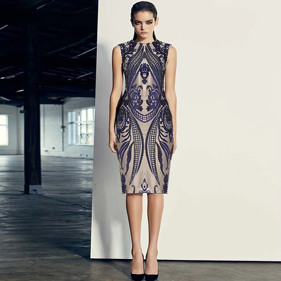 

Newest Summer 2018 Celebrity Party Bandage Dress Women Sleeveless O-Neck Sequined Sexy Club Dress Women Vestidos Wholesale