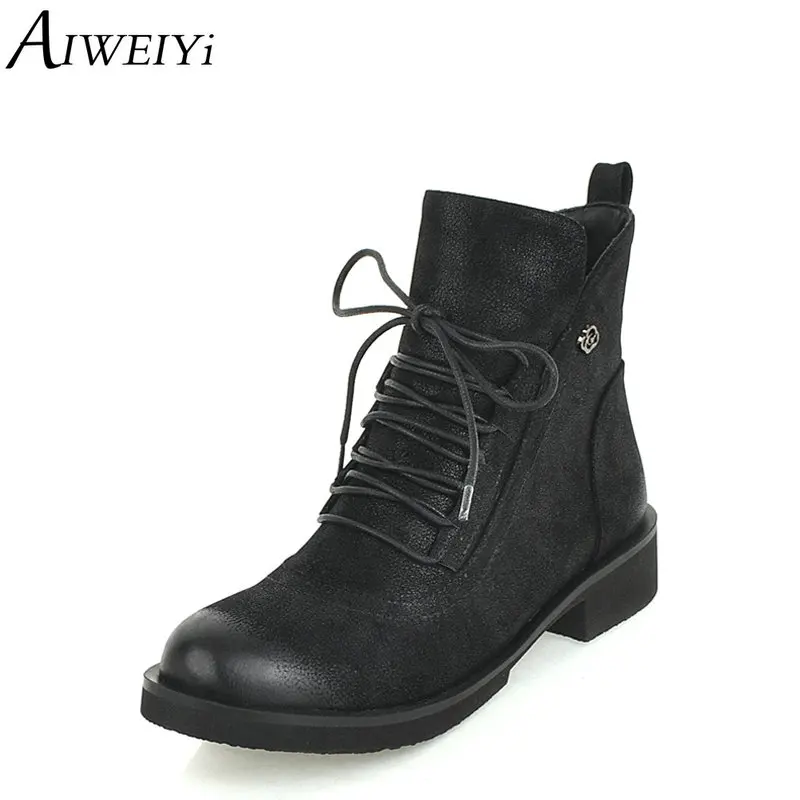

AIWEIYi Women Ankle Boots Square Med Heel Round Toe Spring Autumn Lace Up Pu Leather Ladies Motorcycle Boots Black Shoes