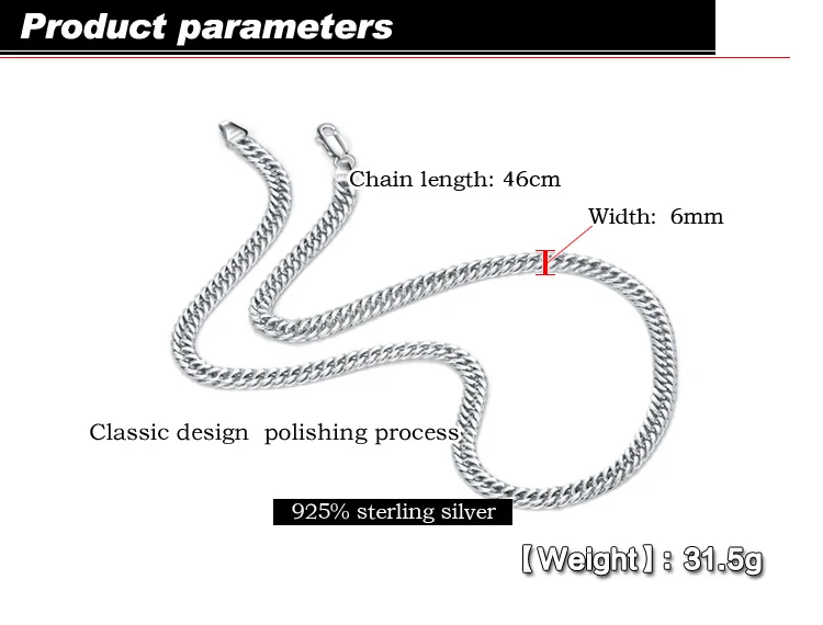 Подлинные модные 925 стерлингового серебра Цепочки и ожерелья 6 мм 18-22 дюймов кубинская цепь Цепочки и ожерелья Для мужчин и мальчиков ссылка цепочка с крупными звеньями, подарок, ювелирное изделие