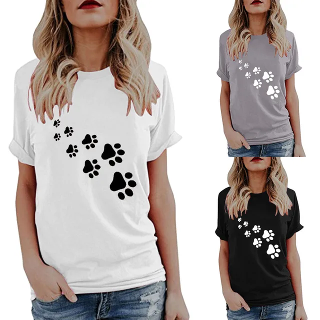 New Fashion Dog Paw Print T shirts Womens Summer Cute Print Tops Short