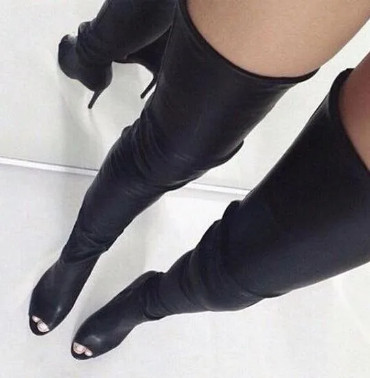 Black Leather Zipper Back Ladies High Heel Boots Sexy Open Toe Women Over The Knee Boots Female Fashion Dress Boots Spring Boots Black Leather Zipper Back Ladies High Heel Boots Sexy Open Toe Women Over The Knee Boots Female Fashion Dress Boots Spring Boots