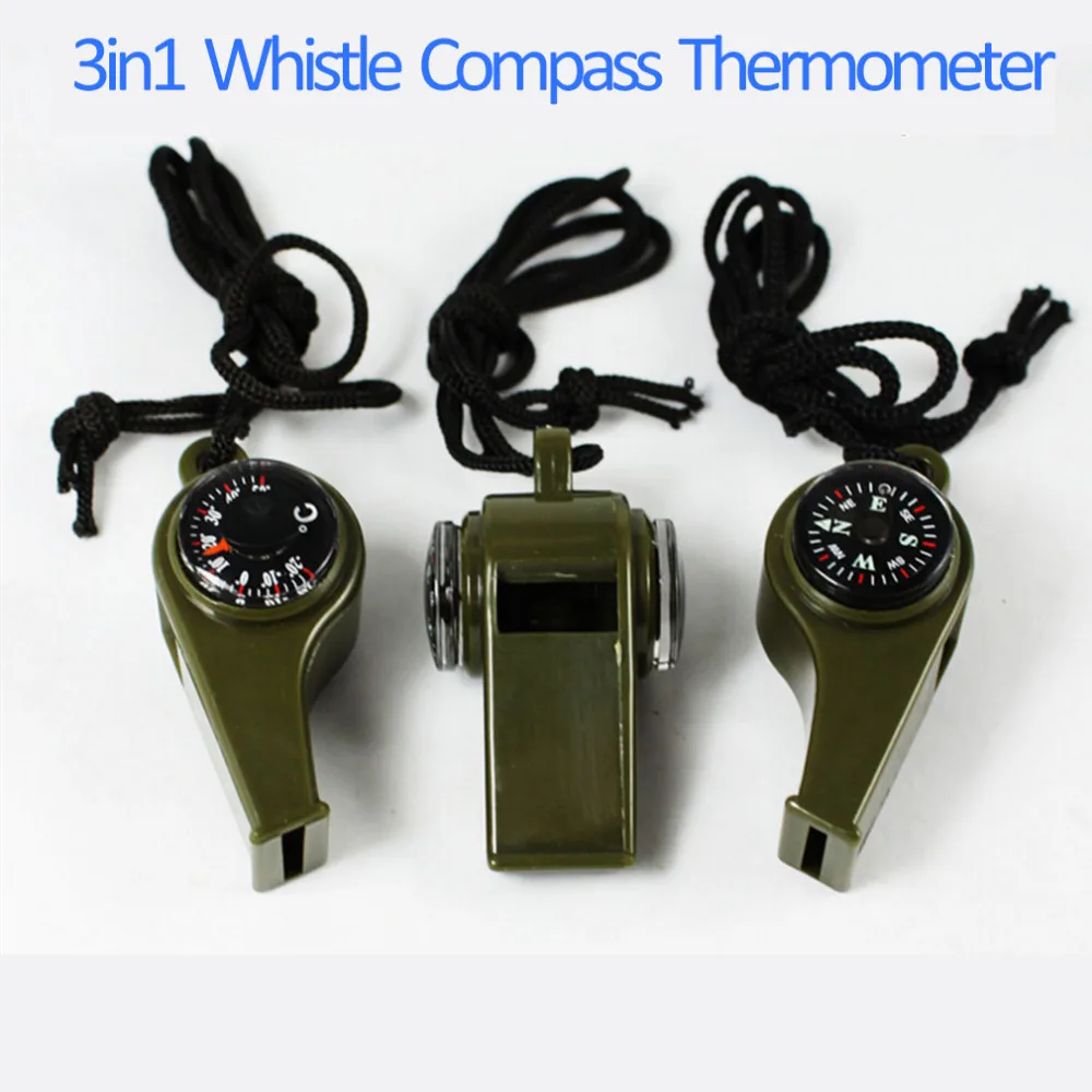 

1PC New black Whistle Compass 3 in1 Survival Camping Thermometer new brand