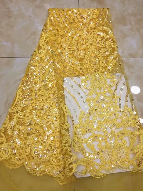 

2018 high quality French Nigerian sequins net lace,African tulle mesh sequence lace fabric for dress yellow Xdp