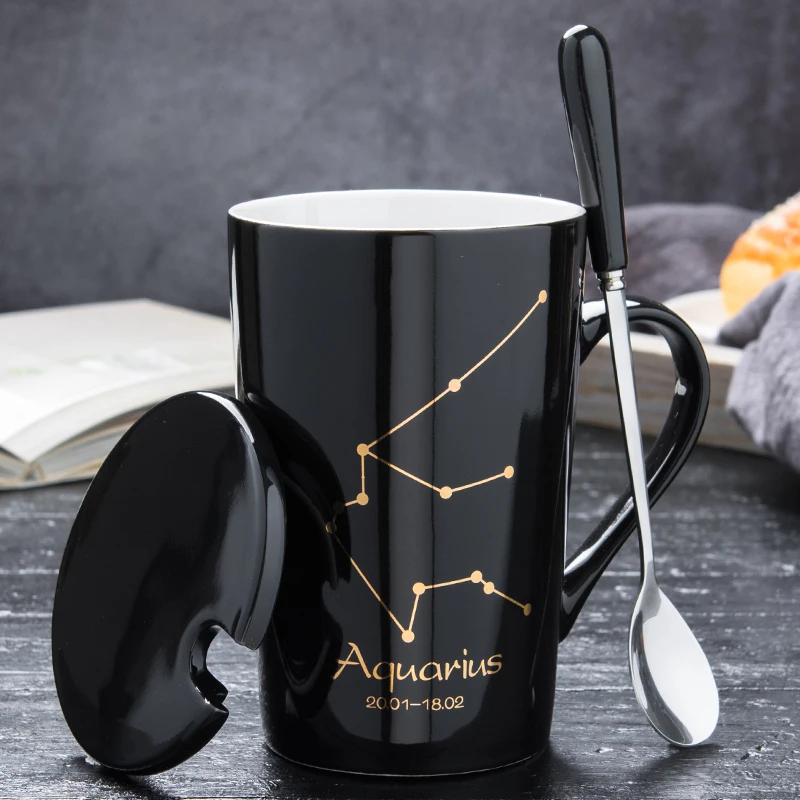 12 созвездий керамическая кружка для кофе с молоком 420 мл многоразовая офисная чашка с ложкой для чая черный фарфор посуда для бара подарок