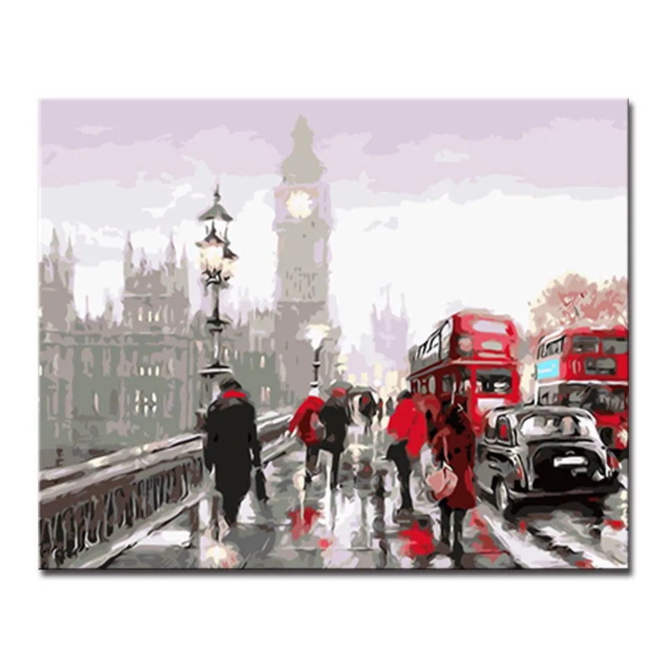 DIY картина маслом по номерам домашний декор настенные художественные наволочки с принтом Лондона и Биг-Бена улицы красный автобус картины Рисование раскраска на холсте Пейзаж в рамке