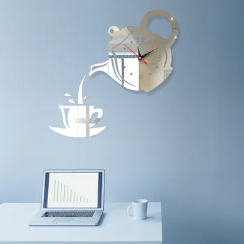 

Creative Diy Acrylic Coffee Cup Teapot Clock Wall Mirror Effect 3d Wall Clock Decorative Living Room Home Decor Clock