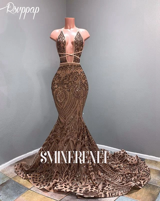 

Long Sparkly Prom Dresses 2020 Sexy Mermaid Style Deep V-neck African Black Girl Rose Gold Sequin Prom Dress