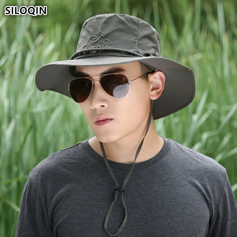 

SILOQIN Hat Summer Trend Men's Bucket Hats Windproof Rope Fixed Fishing Cap Monochrome Embroidery Travel Hiking Sunshade Hat