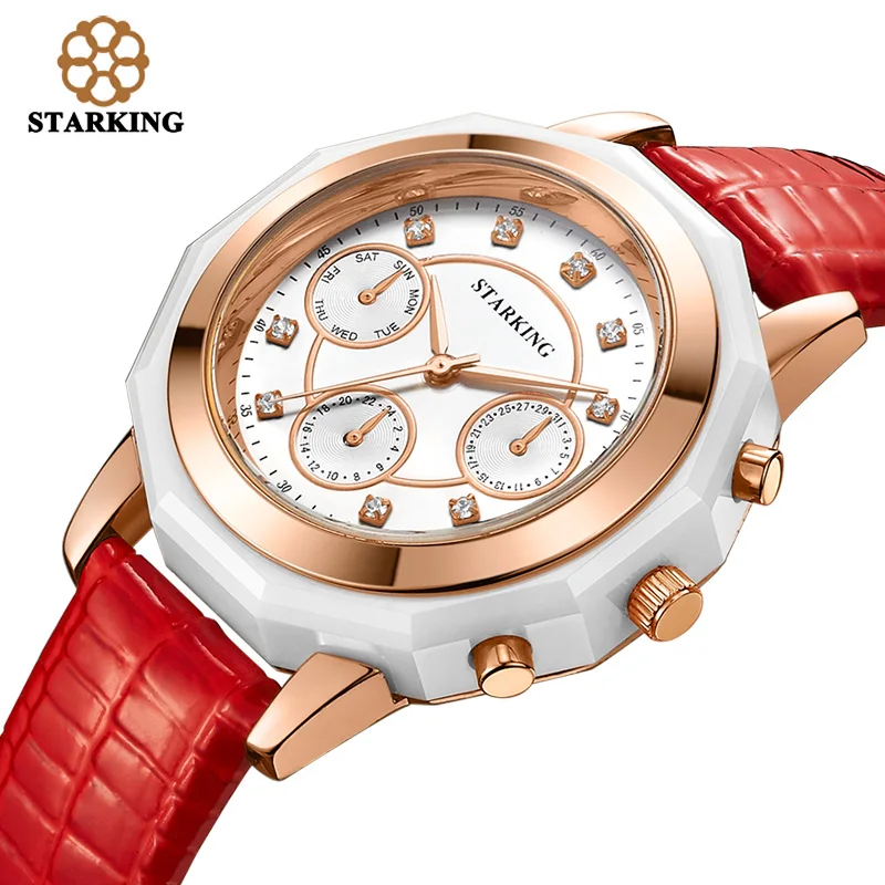 

STARKING Brand Quartz Watches Red Leather Band Ladies Rose Gold Watches Women Dress Fashion 3ATM Waterproof Wristwatches Hodinky