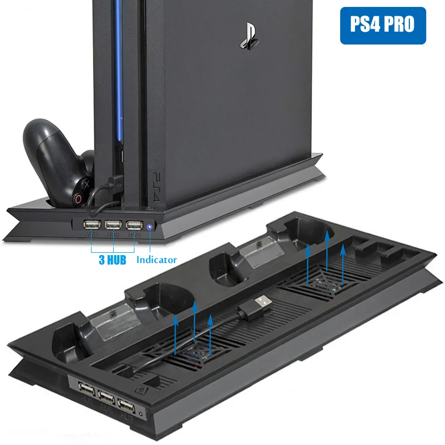

2 in1 PS4 Pro Vertical Cooling Dual USB Charging Charger Docking Station Stand with dual fan for Playstation 4 PS4 Pro Console
