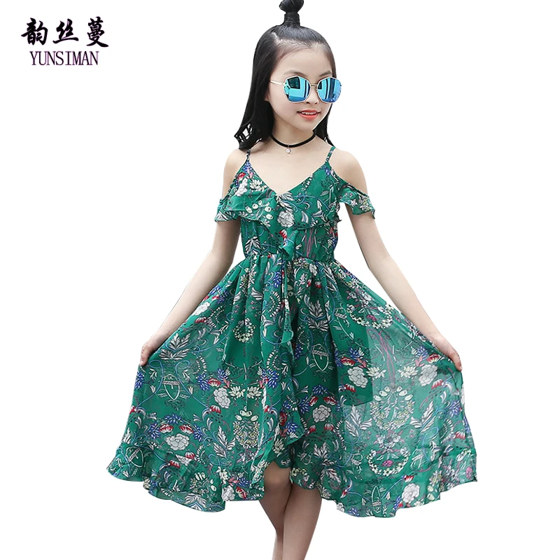 

Brand Bohemia Beach Dress for Girls 6 8 10 12 14 Years Kids Green Flower Print Beach Princess Dress Girls Summer Clothing 12C08