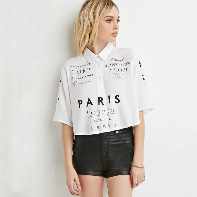 sleeve pan collar cropped tops letter print button white shirts sleeve pan collar cropped tops letter print button white shirts