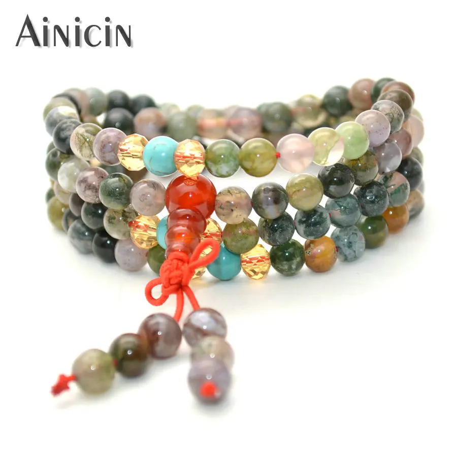 5pcs Natural India Agate 5.5mm Elastic Beaded Green Color 108 Beads Multi-layer Prayer Mala Bracelets Fashion Women Jewelry | Украшения и
