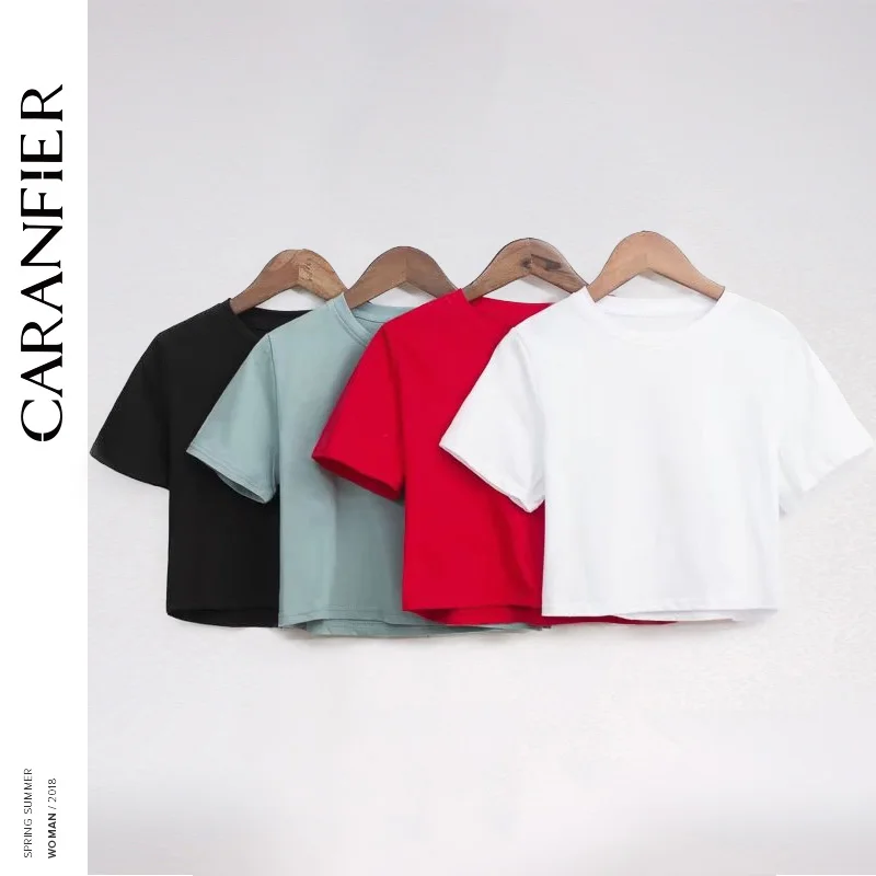 CARANFIER Повседневная футболка с высокой талией женские шикарные однотонные